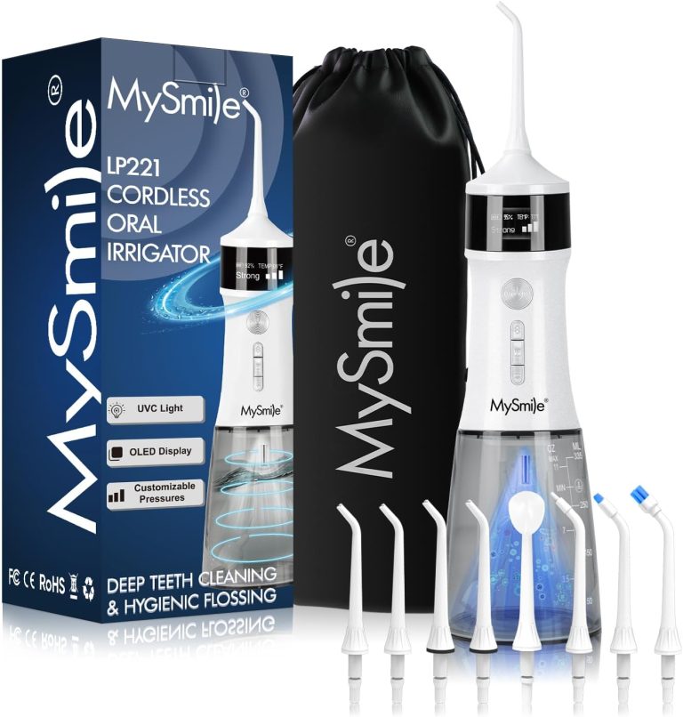MySmile LP221, hydropulseur portable avec stérilisation UVC, réservoir 335 ml, écran OLED et 4 modes de jet