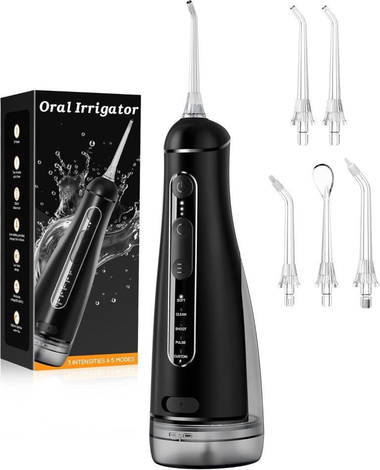 Pochrus Jet Dentaire Hydropulseur Portable, 5 Modes 20 Niveaux & 3 Intensités, Réservoir 300ml à Fond Détachable, Sans Fil IPX7