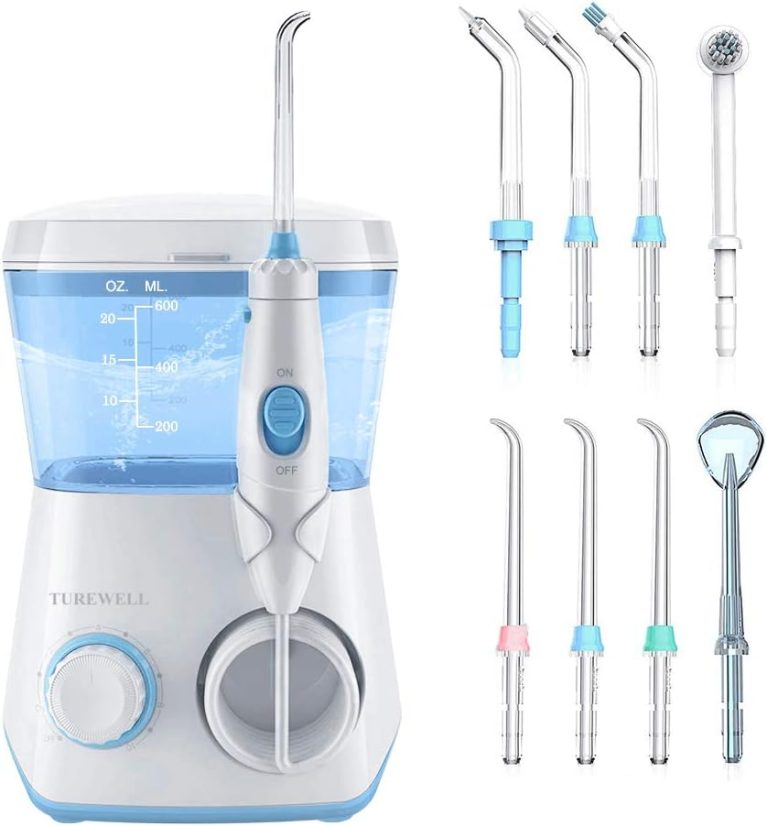 TUREWELL Jet Dentaire Hydropulseur 10 réglages de pression d'eau 600ml | 8 busettes IPX7 Étanche, hydropulseur dentaire Pour Les soins Familiaux Blanc